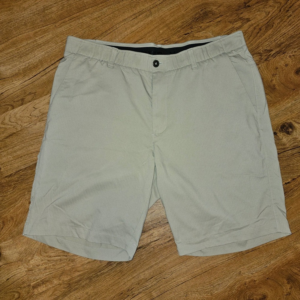 Under Armour HeatGear Golf Shorts Mens 38 Tan Khaki Faint Stripe Performance